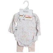 Wholesale - 4PC Peach Floral On White Skirt Onesie & Peach Pants & Bow Headbands 3-12M Badgley Mischka C/P 48, UPC: 195010126021